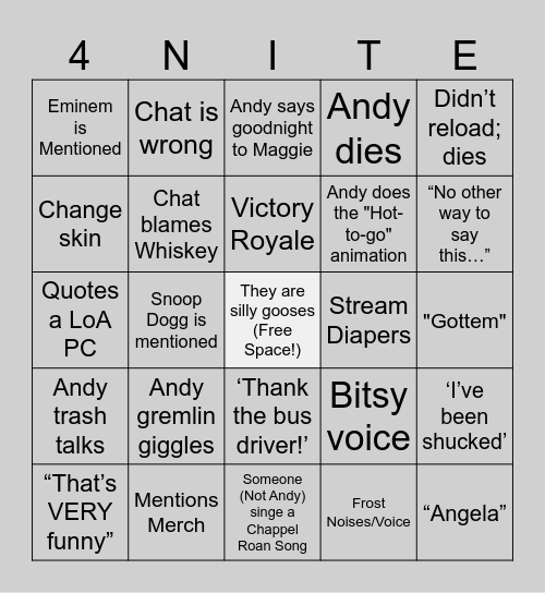 LoA M.A.N. Fortnite Bingo Card