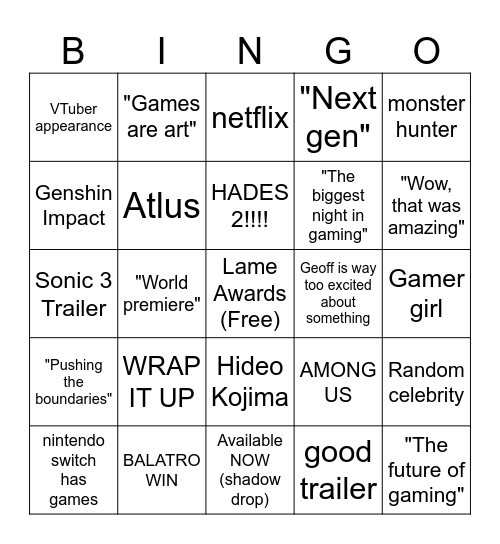 Game Awards 2024 Bingo Card