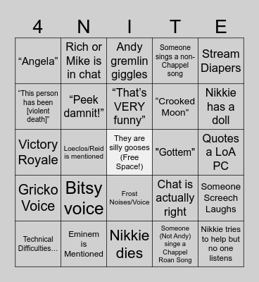 LoA D.N.A. Fortnite Bingo Card