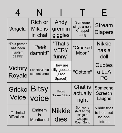 LoA D.N.A. Fortnite Bingo Card