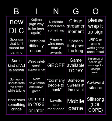 Game Awards 2024 Bingo Card