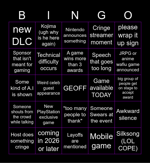 Game Awards 2024 Bingo Card