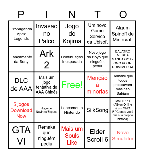 Bingo Game Awards Bingo Card