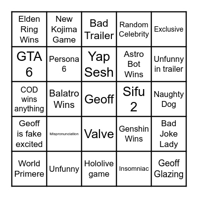 Game Awards Bingo Card
