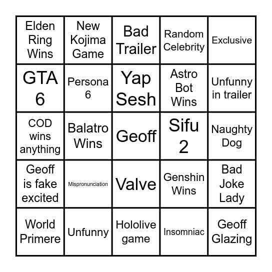 Game Awards Bingo Card