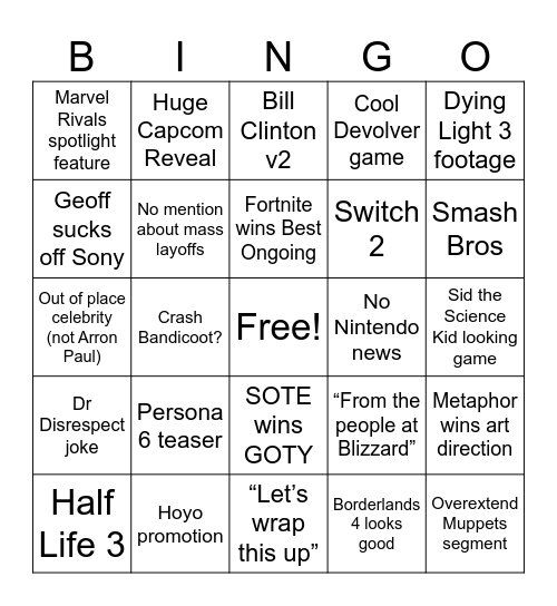 Game Awards 2024 Bingo Card