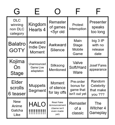TGA 2024 Bingo Card