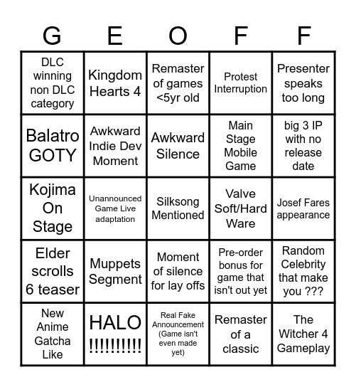 TGA 2024 Bingo Card