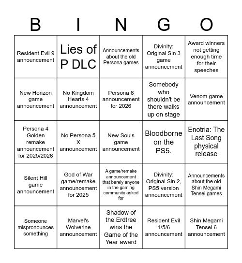 The Game Awards 2024 Bingo Card