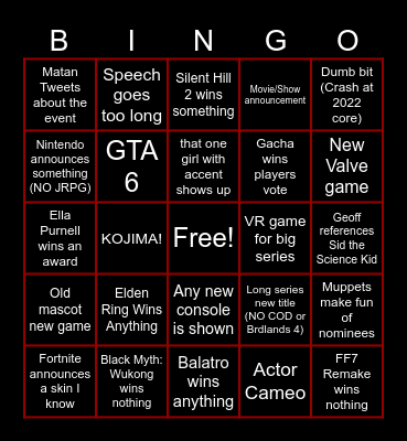 Game Awards Bingo Card