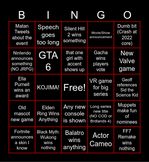 Game Awards Bingo Card