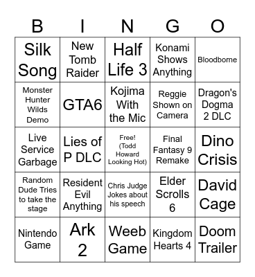 Game Awards 2024 Bingo Card