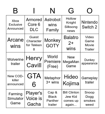 Game Awards Bingo Card