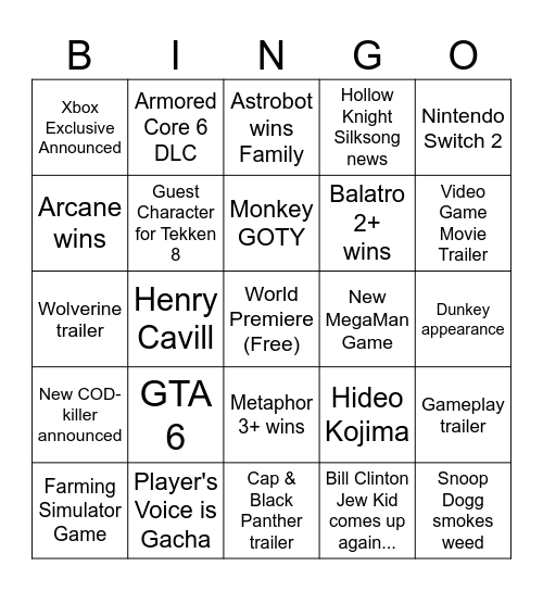 Game Awards Bingo Card