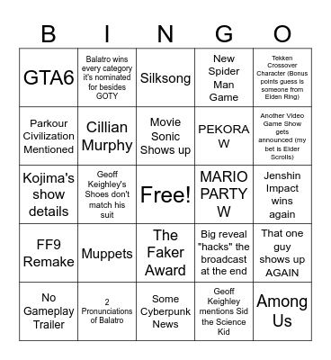 TGA Bingo Card