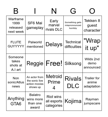 Game Awards Bingo Card