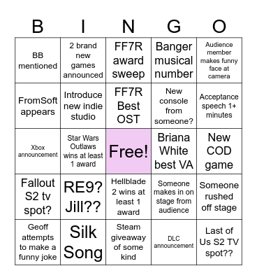 Game Awards 2024 Bingo Card