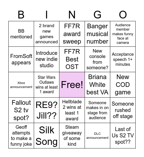 Game Awards 2024 Bingo Card