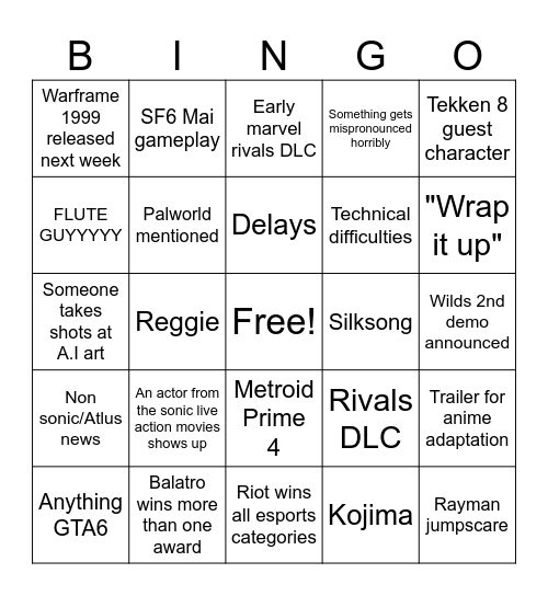 Game Awards Bingo Card