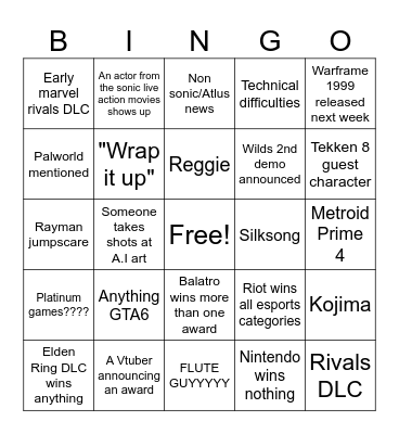 Game Awards Bingo Card