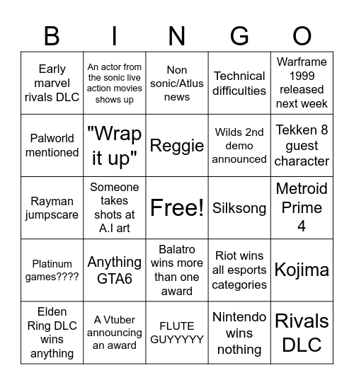 Game Awards Bingo Card