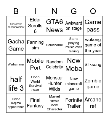 Game Awards Bingo Card