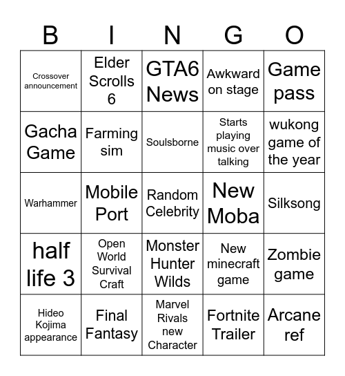 Game Awards Bingo Card