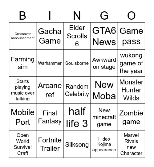 Game Awards Bingo Card