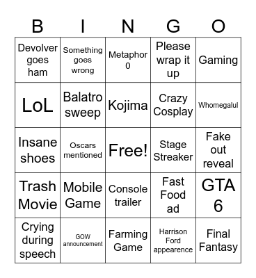 Game awards 2024 Bingo Card