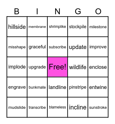 Silent-e Complex Multisyllable Bingo Card