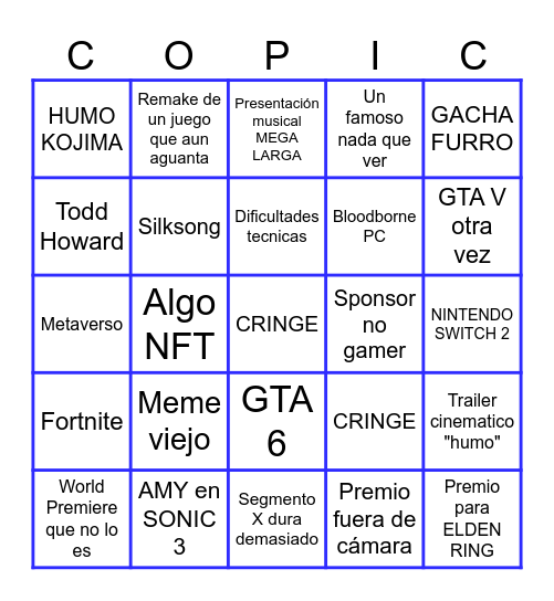 Bingo de los Game Awards Bingo Card