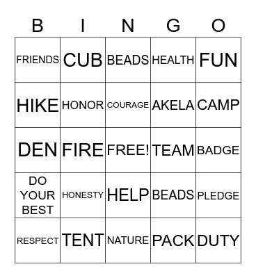 Tiger Cubs Bingo Card