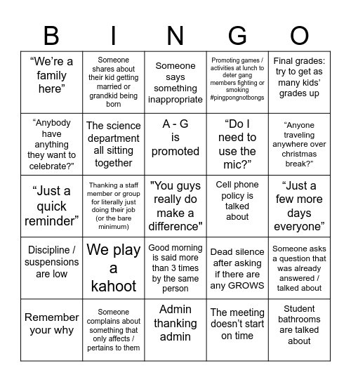 STAFF MEETING BINGO Card