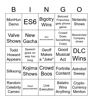 Gamerwards Bingo Card