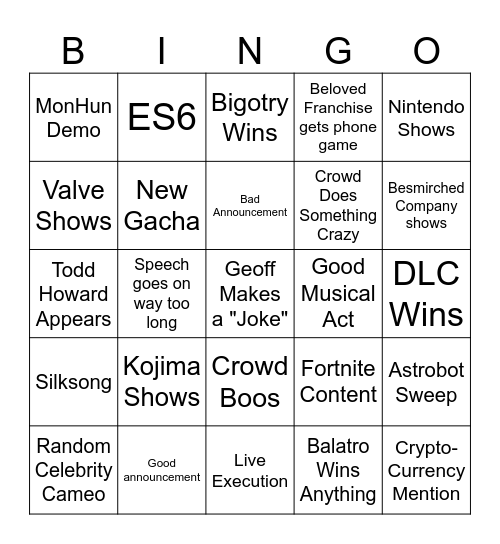 Gamerwards Bingo Card