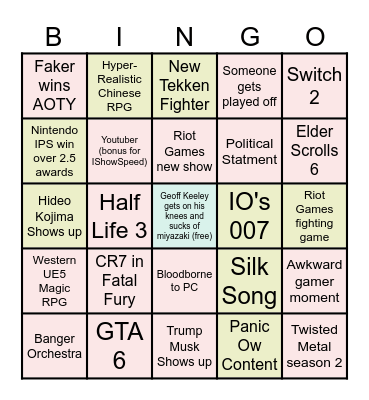 TGA Bingo Card