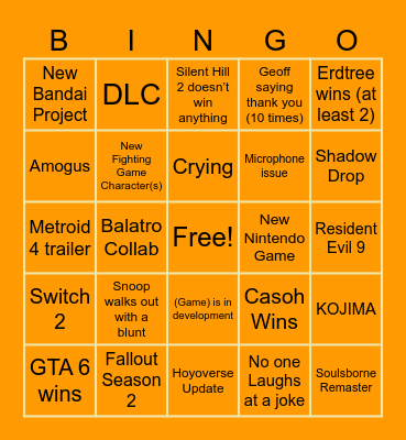 Game Awards Bingo Card