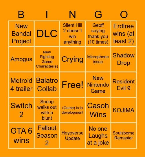 Game Awards Bingo Card