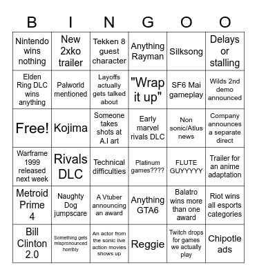 Game Awards Bingo Card