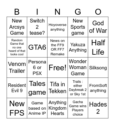 Game Awards 2024 Bingo Card