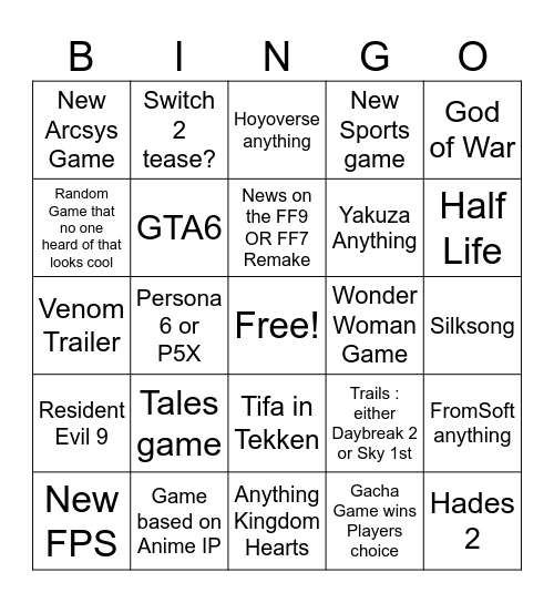 Game Awards 2024 Bingo Card