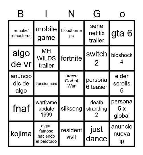 Bingo 2024 game awards Bingo Card