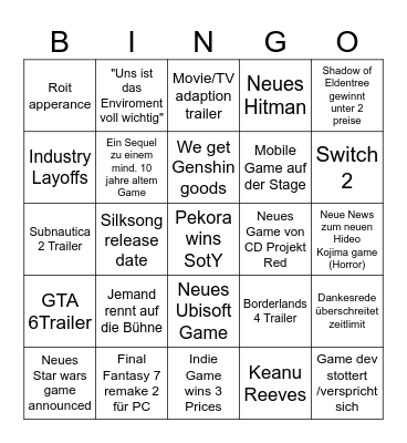 Game Awards 2024 Bingo Card