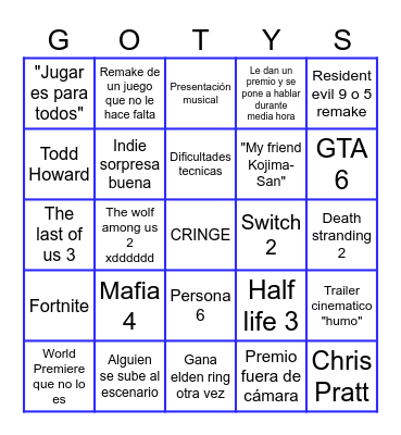 Bingo de los Game Awards Bingo Card