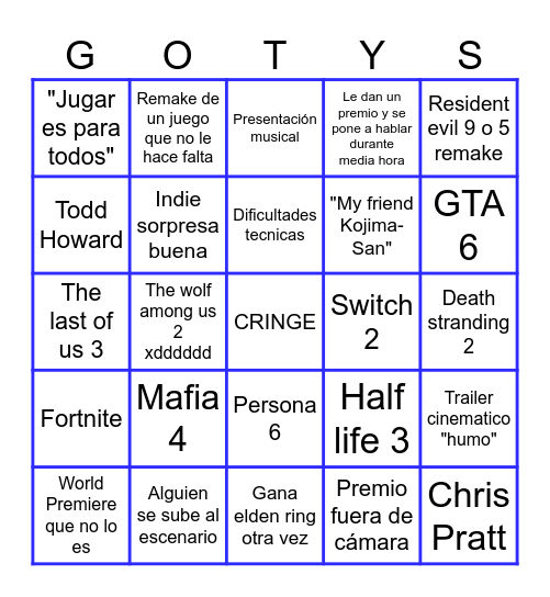 Bingo de los Game Awards Bingo Card