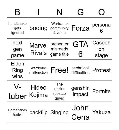 Game Awards bingo card Bingo Card