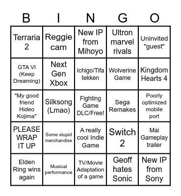 Game Awards 2024 Bingo Card