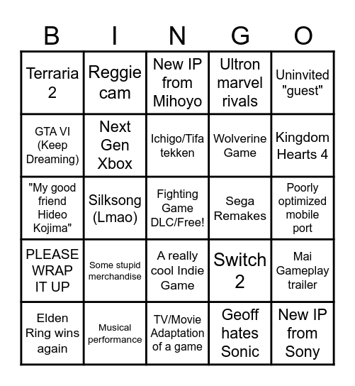 Game Awards 2024 Bingo Card