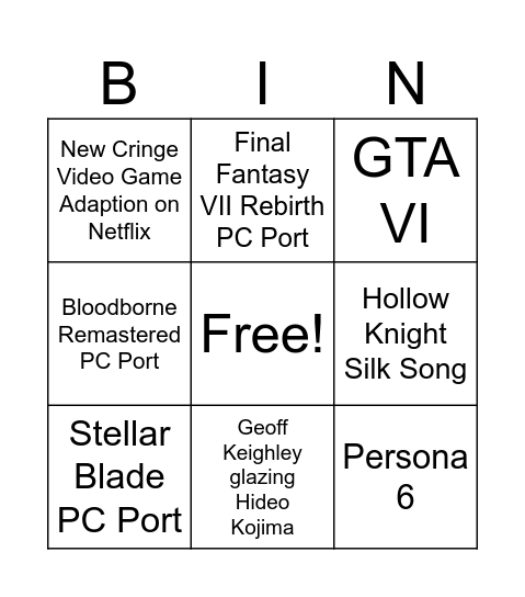 Game Awards 2024 Bingo Card