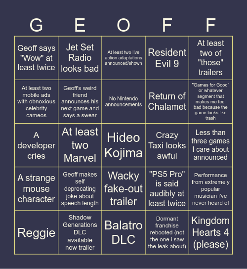Gamer's Prize 2024 Bingus Bingo Card